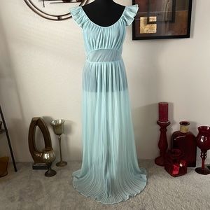 Feminine Vintage Chiffon Pleated Blue Long Maxi Nightgown Slip Dress Lingerie